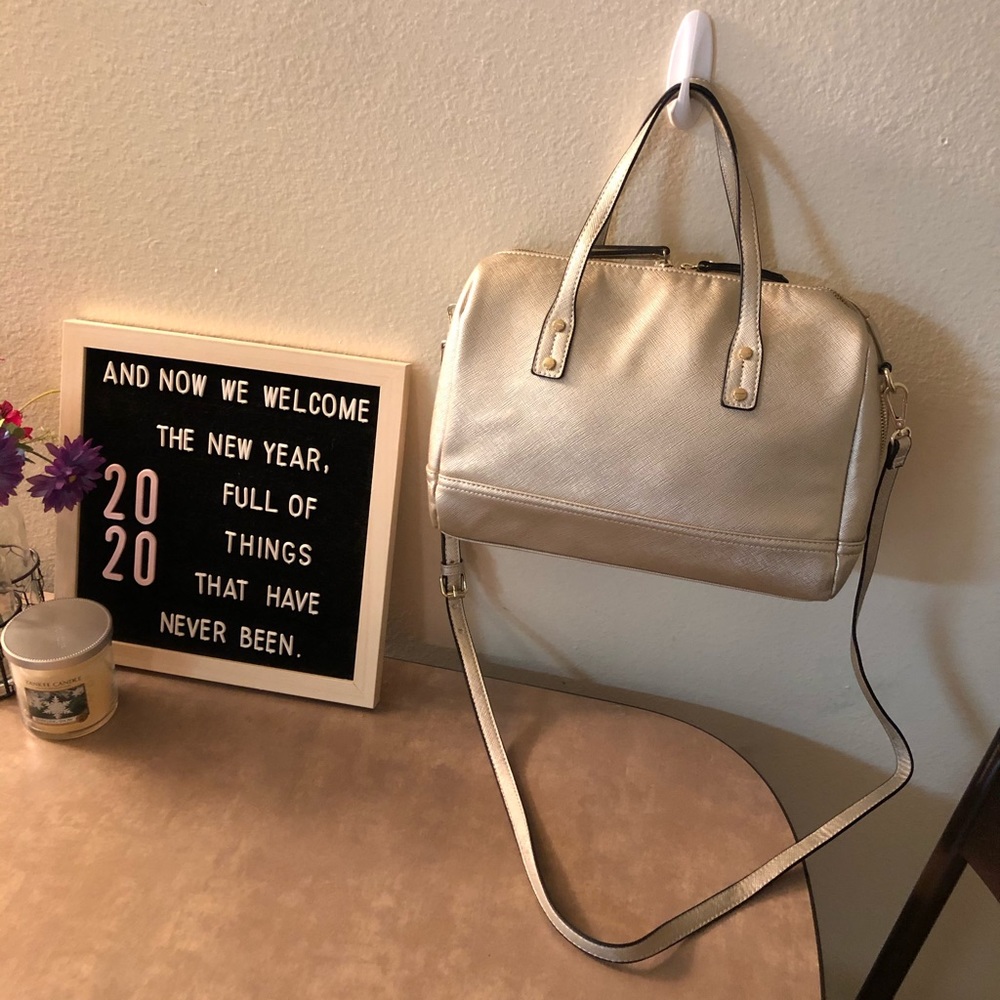 Gold Domed Double-Zipper Satchel/Crossbody